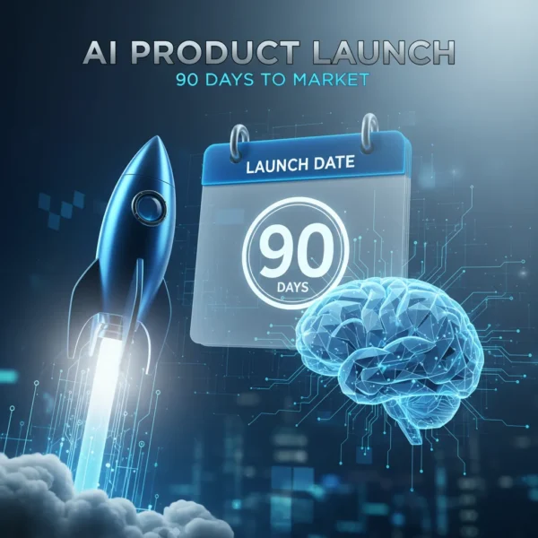 Illustration of an AI product launch, featuring a rocket, a calendar with '90 DAYS', and a glowing brain, symbolizing rapid, intelligent market entry.