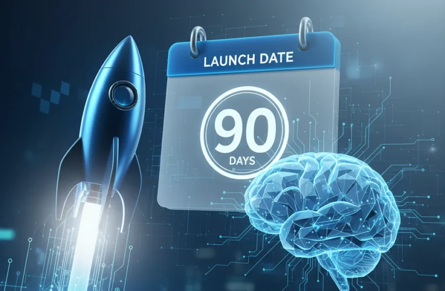 Illustration of an AI product launch, featuring a rocket, a calendar with '90 DAYS', and a glowing brain, symbolizing rapid, intelligent market entry.