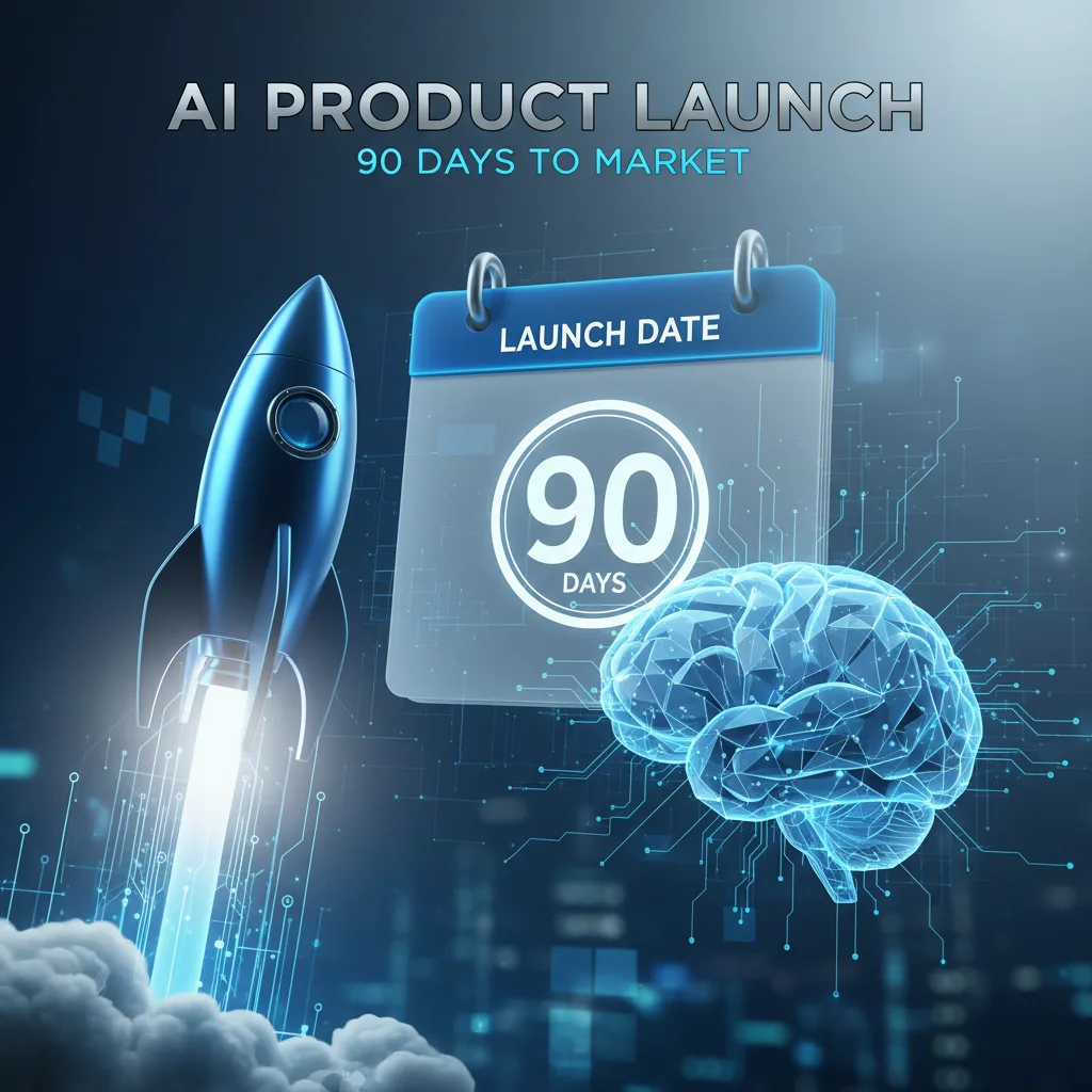 Illustration of an AI product launch, featuring a rocket, a calendar with '90 DAYS', and a glowing brain, symbolizing rapid, intelligent market entry.