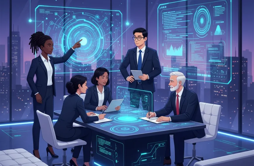 Diverse professionals collaborating in a high-tech office, analyzing data on digital screens, and discussing AI strategies.