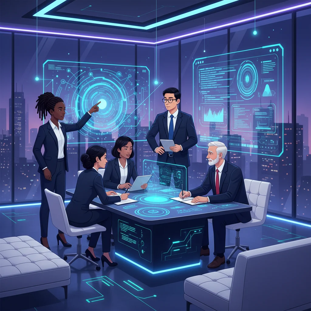 Diverse professionals collaborating in a high-tech office, analyzing data on digital screens, and discussing AI strategies.