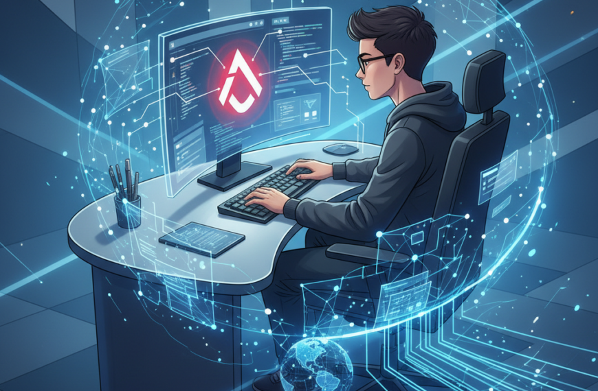 Illustration of Angular app development services showcasing a developer working on a computer with Angular's logo, surrounded by futuristic AI elements and a tech-focused background.