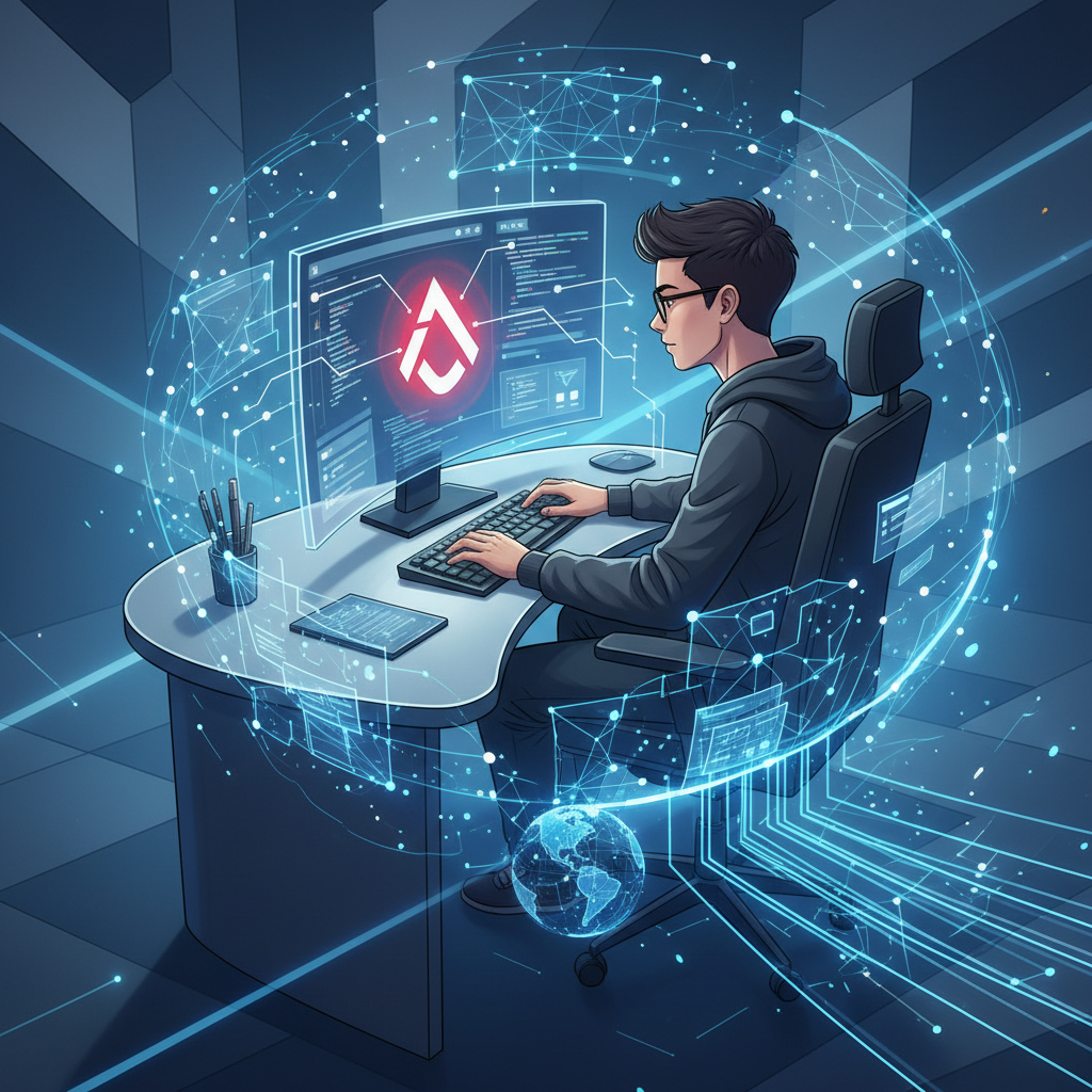 Illustration of Angular app development services showcasing a developer working on a computer with Angular's logo, surrounded by futuristic AI elements and a tech-focused background.