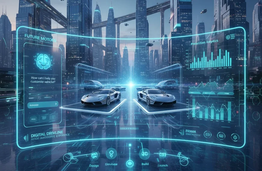 A futuristic concept of automotive industry web development, showcasing a sleek car showroom interface with AI-driven features like chatbots and analytics, set against a modern cityscape.