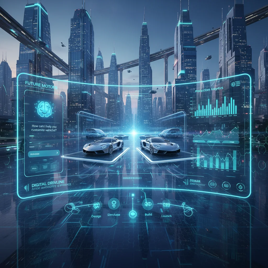 A futuristic concept of automotive industry web development, showcasing a sleek car showroom interface with AI-driven features like chatbots and analytics, set against a modern cityscape.