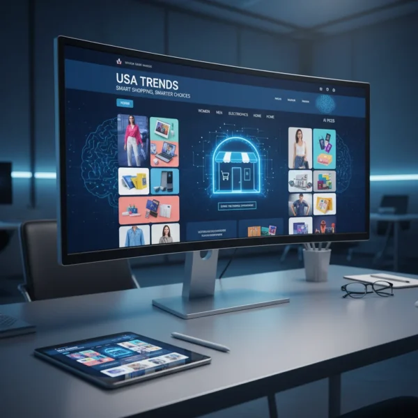 A modern computer monitor displaying an AI-powered e-commerce website, symbolizing B2C web development for the US market.