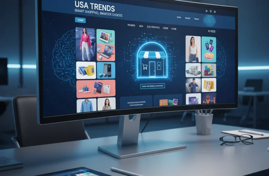 A modern computer monitor displaying an AI-powered e-commerce website, symbolizing B2C web development for the US market.