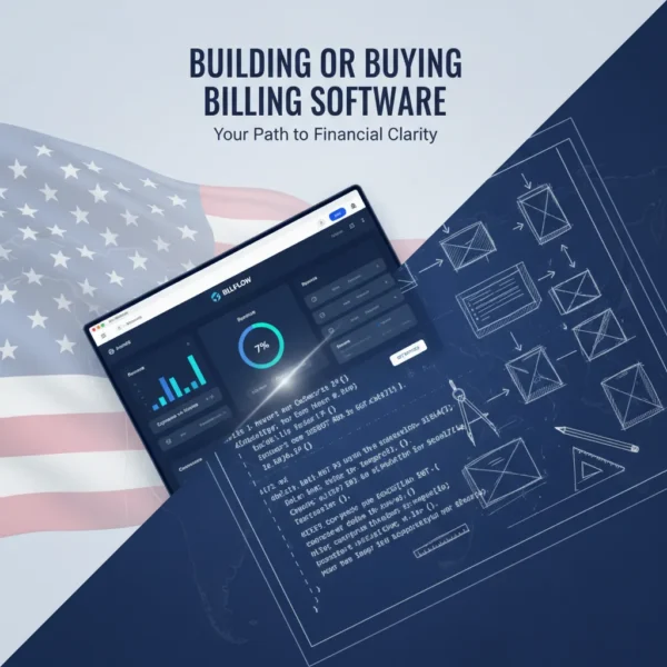 A split-screen design showing a sleek software interface on one side and a blueprint with coding elements on the other, symbolizing the decision between building or buying billing software.