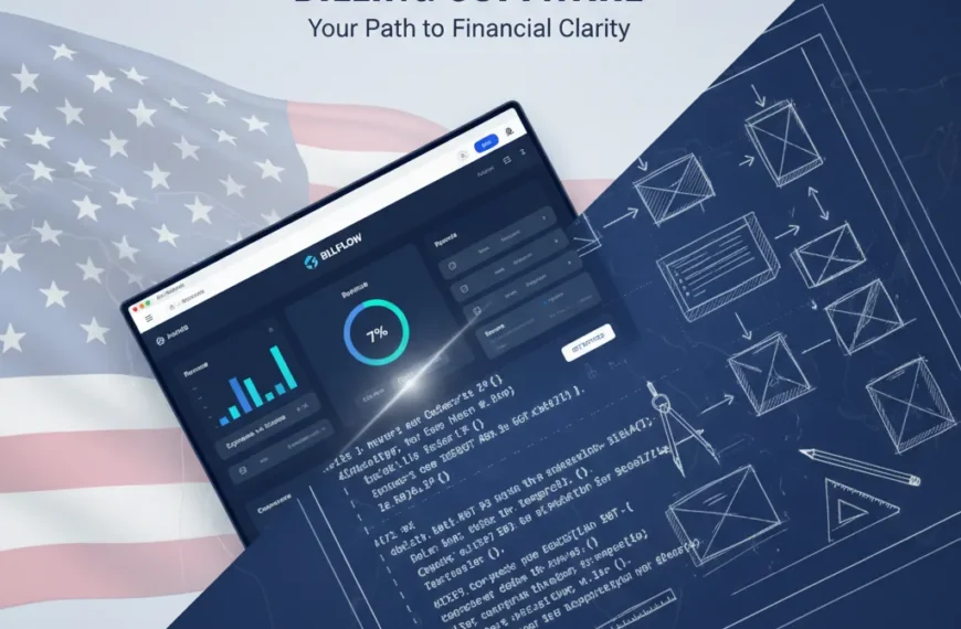 A split-screen design showing a sleek software interface on one side and a blueprint with coding elements on the other, symbolizing the decision between building or buying billing software.