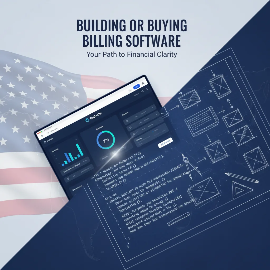 A split-screen design showing a sleek software interface on one side and a blueprint with coding elements on the other, symbolizing the decision between building or buying billing software.
