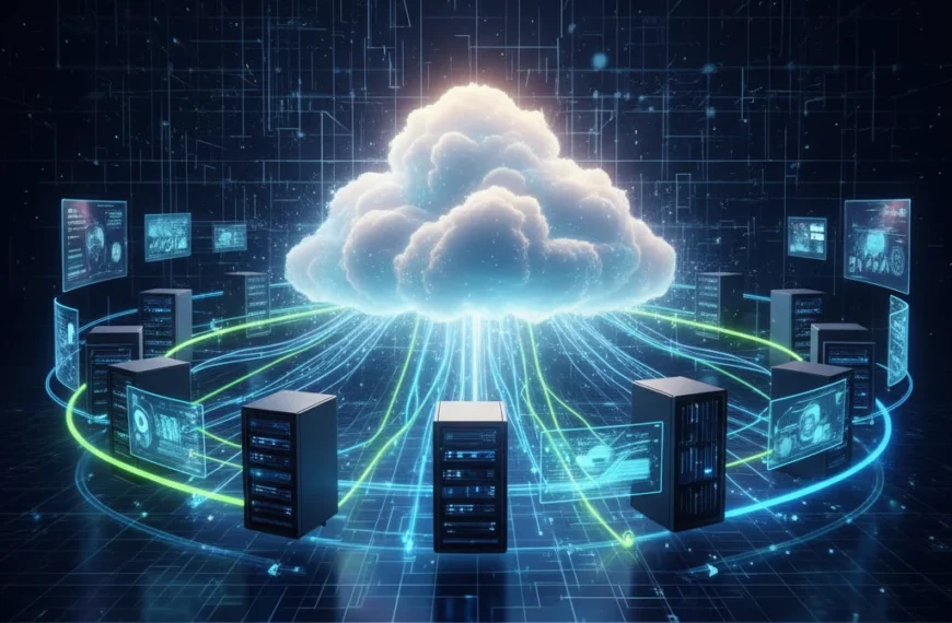 A glowing cloud at the center with bold data streams connecting futuristic devices and servers, set against a vibrant high-tech digital grid.