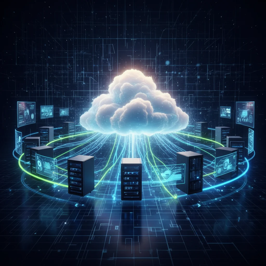 A glowing cloud at the center with bold data streams connecting futuristic devices and servers, set against a vibrant high-tech digital grid.