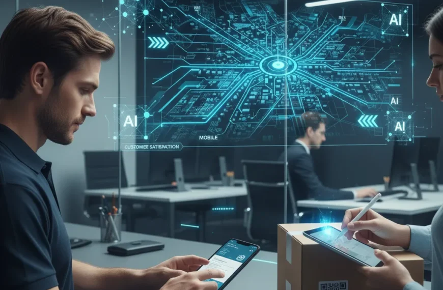 A courier driver using a mobile app and a dispatcher monitoring real-time maps, illustrating how a courier app development company integrates web, mobile, and AI technologies for efficient logistics.