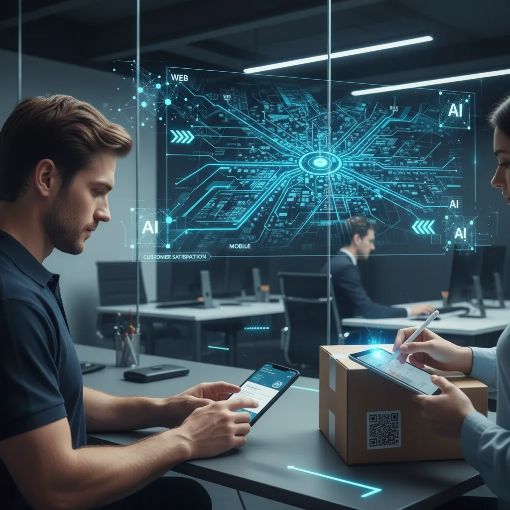 A courier driver using a mobile app and a dispatcher monitoring real-time maps, illustrating how a courier app development company integrates web, mobile, and AI technologies for efficient logistics.