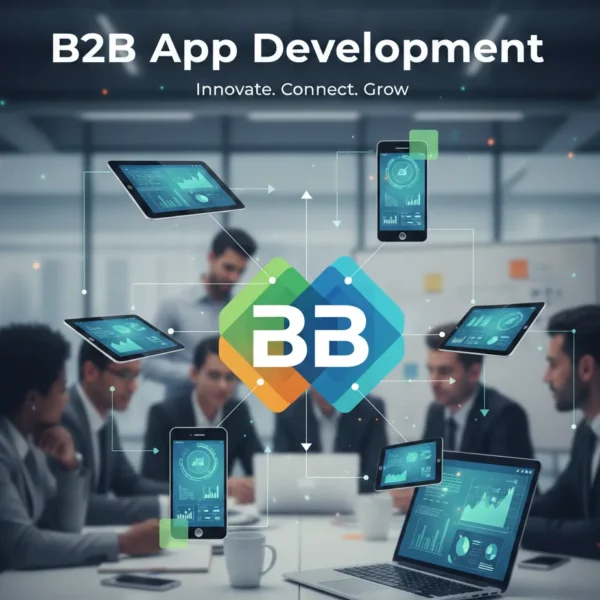 Business professionals collaborating with advanced tools, symbolizing B2B app development and innovation.