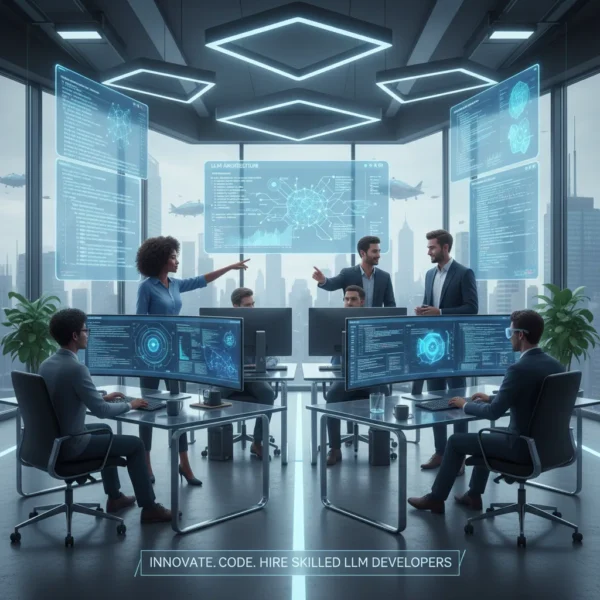 A team of developers collaborating on AI projects, focusing on Large Language Models (LLMs), showcasing innovation and expertise.