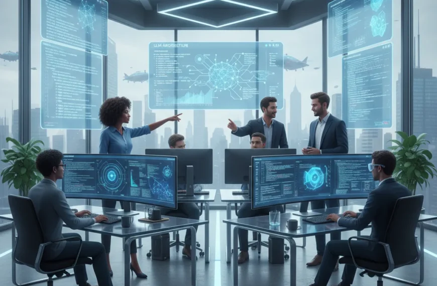 A team of developers collaborating on AI projects, focusing on Large Language Models (LLMs), showcasing innovation and expertise.