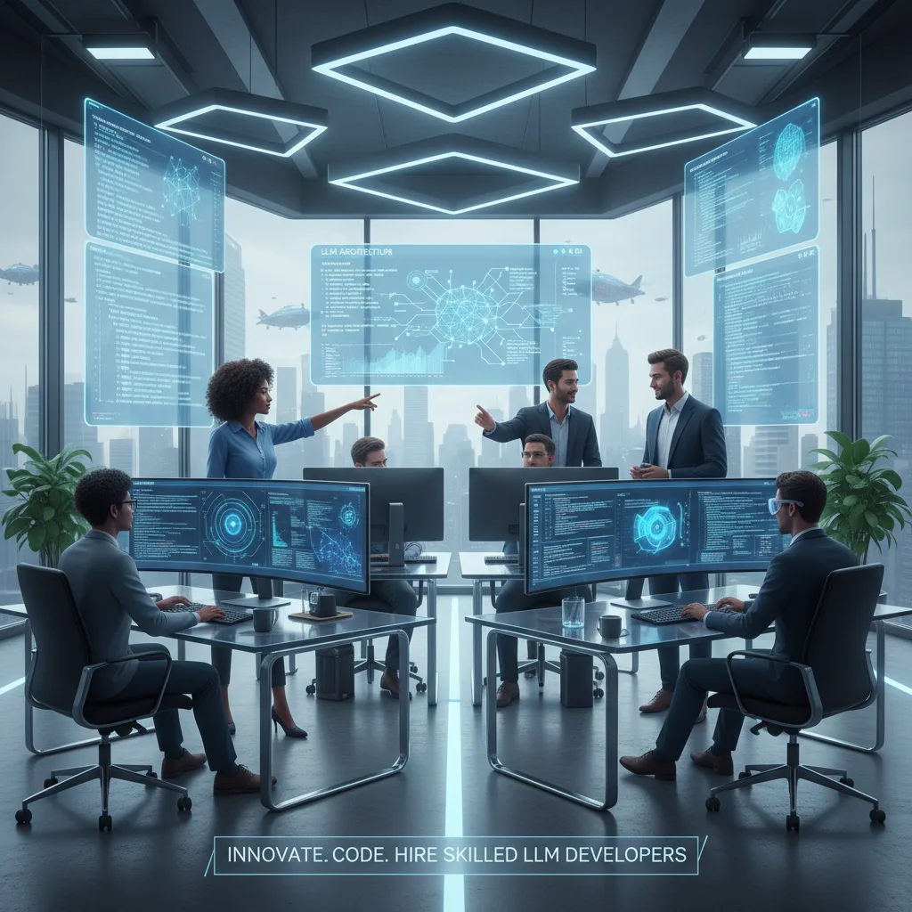 A team of developers collaborating on AI projects, focusing on Large Language Models (LLMs), showcasing innovation and expertise.