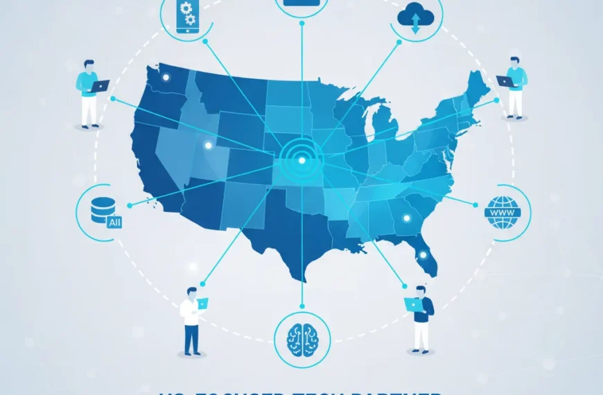 full stack development outsourcing with a US-focused tech partner, featuring remote developers collaborating and icons for app, web, and AI development.