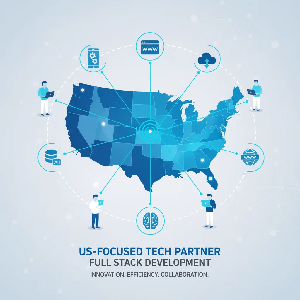 full stack development outsourcing with a US-focused tech partner, featuring remote developers collaborating and icons for app, web, and AI development.