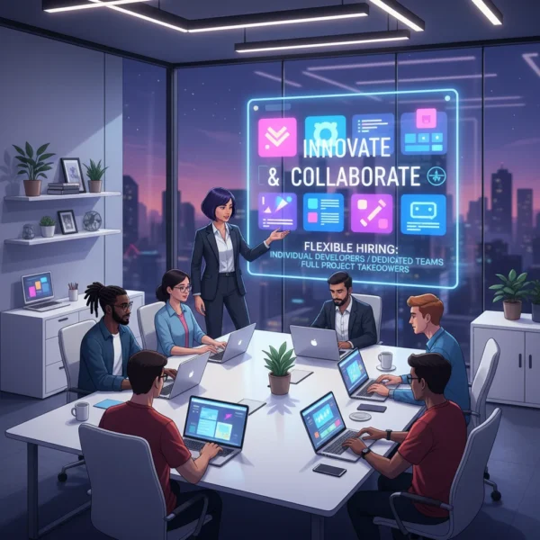 A diverse team of app developers collaborating in a modern office, showcasing flexible hiring models for startups, including individual developers, dedicated teams, and full project takeovers.