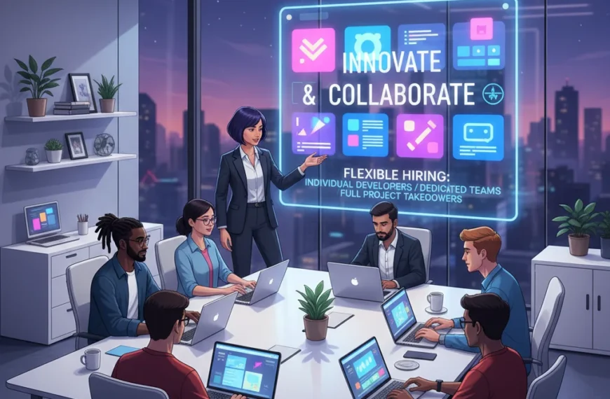A diverse team of app developers collaborating in a modern office, showcasing flexible hiring models for startups, including individual developers, dedicated teams, and full project takeovers.