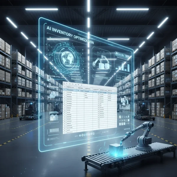 A futuristic AI-driven warehouse showcasing advanced inventory optimization through a holographic interface and robotic automation, emphasizing efficiency and control.
