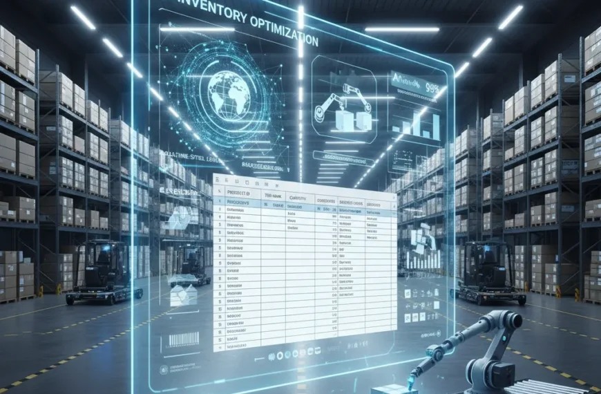 A futuristic AI-driven warehouse showcasing advanced inventory optimization through a holographic interface and robotic automation, emphasizing efficiency and control.