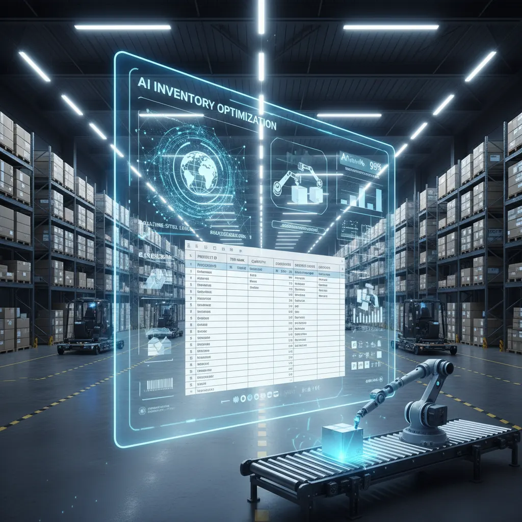 A futuristic AI-driven warehouse showcasing advanced inventory optimization through a holographic interface and robotic automation, emphasizing efficiency and control.