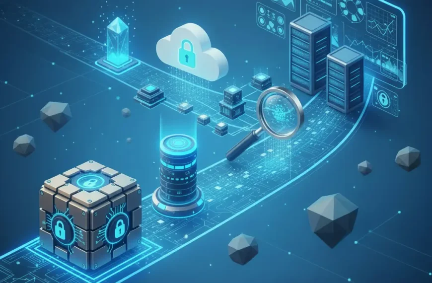 Isometric illustration depicting a secure digital ecosystem with cloud computing, data storage, and cybersecurity elements, all connected by glowing circuit lines.