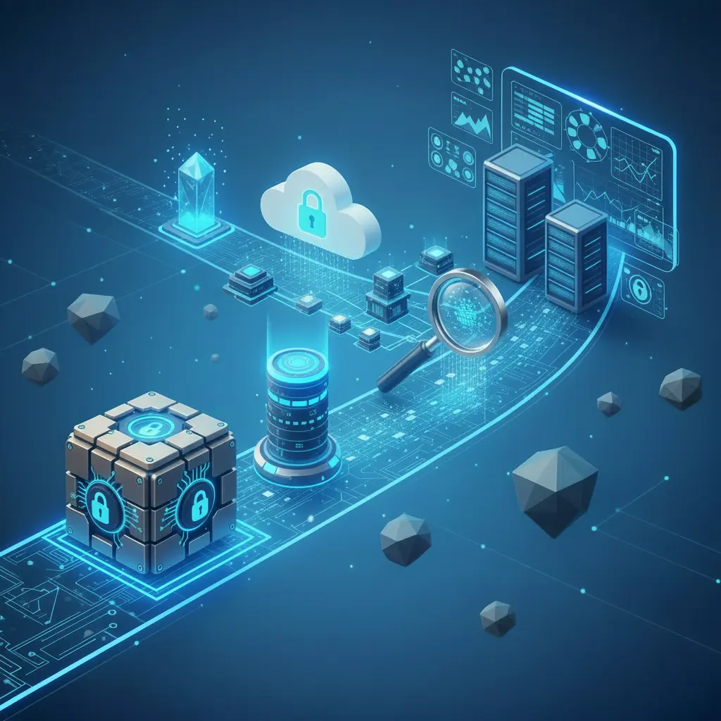 Isometric illustration depicting a secure digital ecosystem with cloud computing, data storage, and cybersecurity elements, all connected by glowing circuit lines.