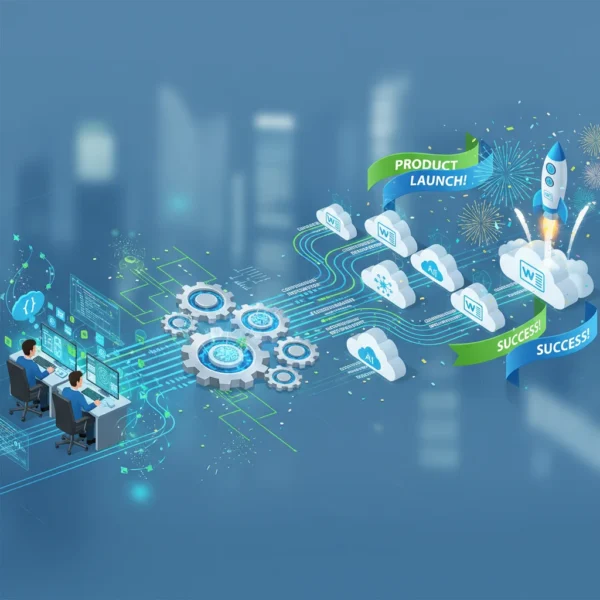 Illustration of the DevOps journey showcasing continuous integration, automated testing, and deployment pipelines leading to a successful product launch.