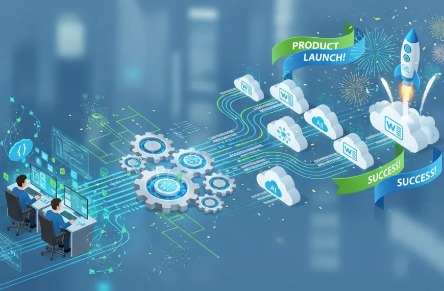 Illustration of the DevOps journey showcasing continuous integration, automated testing, and deployment pipelines leading to a successful product launch.