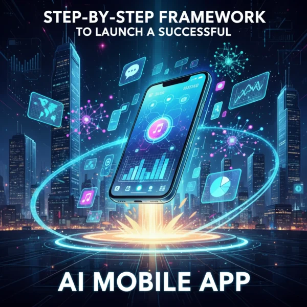 Illustration of a futuristic smartphone surrounded by holographic AI elements, symbolizing the launch of a successful AI Mobile App.