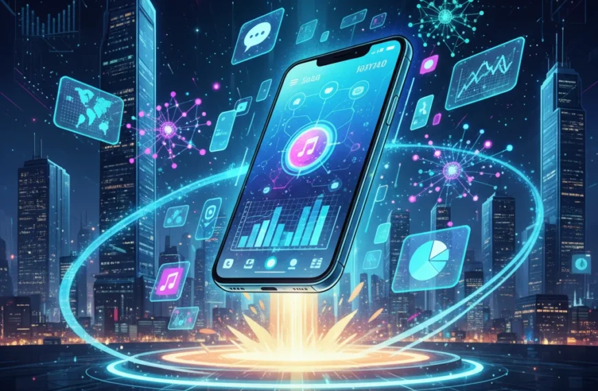 Illustration of a futuristic smartphone surrounded by holographic AI elements, symbolizing the launch of a successful AI Mobile App.