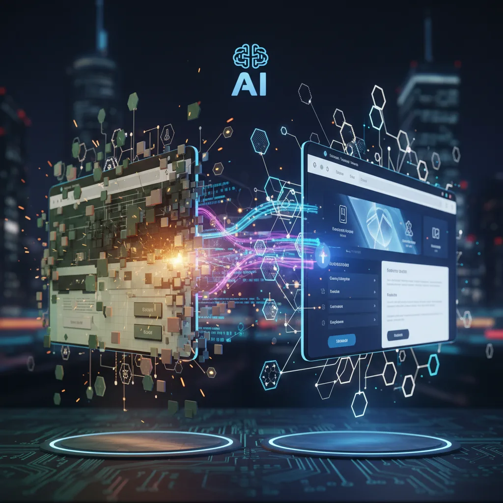 A futuristic 3D illustration showcasing the transformation of a website from an outdated design to a sleek, modern interface, with glowing data streams and AI-inspired visuals symbolizing innovation and strategy.