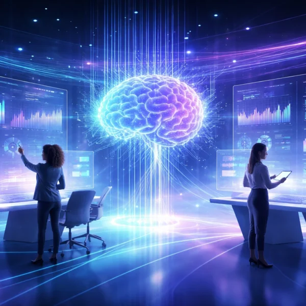 Future of data analytics concept showing a team analyzing holographic dashboards with AI-driven insights in a futuristic workspace