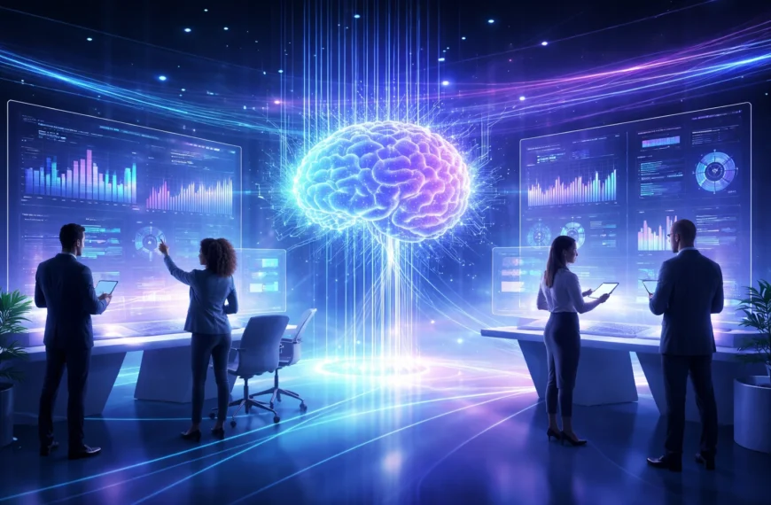 Future of data analytics concept showing a team analyzing holographic dashboards with AI-driven insights in a futuristic workspace