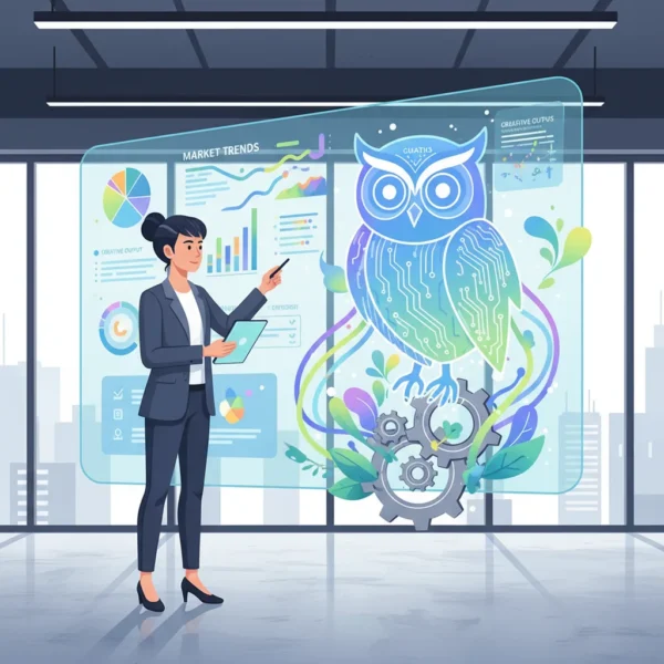Illustration of a business analyst interacting with an AI interface, showcasing data insights and generated content with a collaborative and modern design.