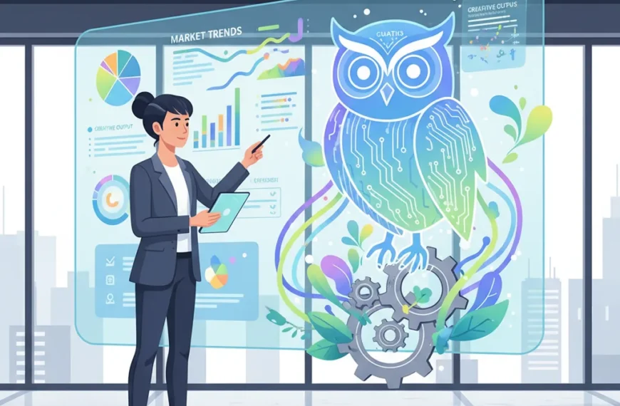 Illustration of a business analyst interacting with an AI interface, showcasing data insights and generated content with a collaborative and modern design.