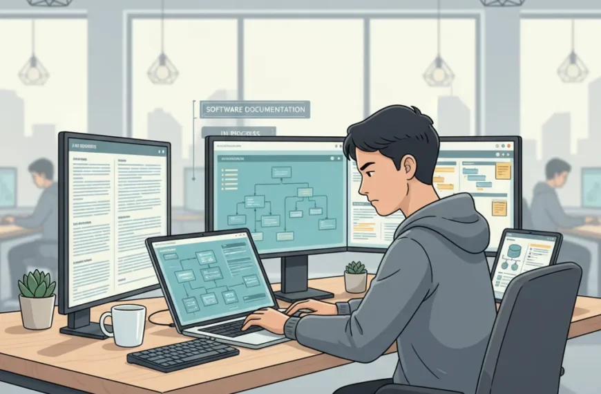A professional illustration of a person creating software documentation at a desk with a laptop, surrounded by flowcharts and digital screens.