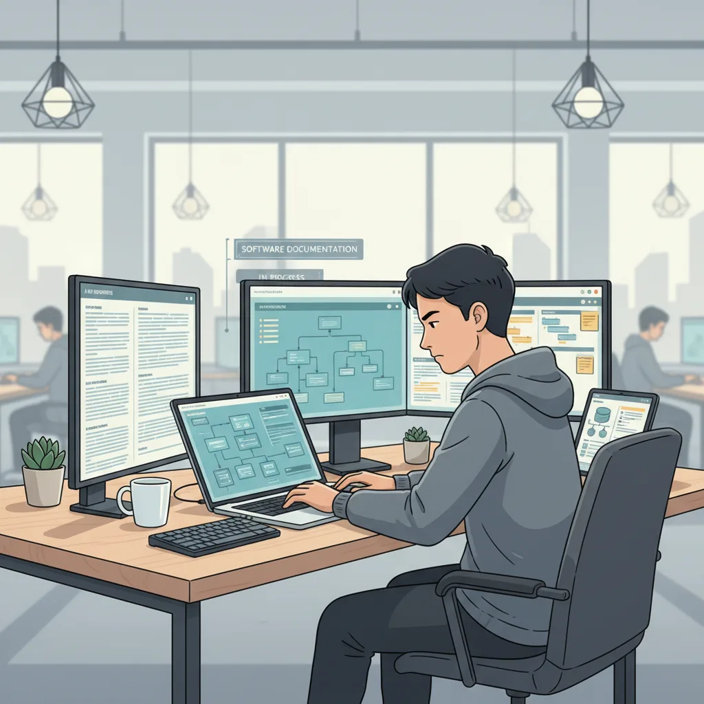 A professional illustration of a person creating software documentation at a desk with a laptop, surrounded by flowcharts and digital screens.
