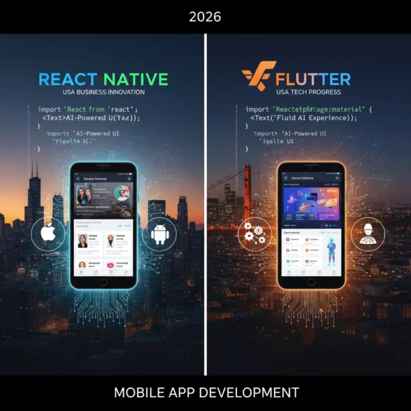 Illustration comparing React Native and Flutter mobile app development platforms, set against futuristic cityscapes with digital circuit overlays, highlighting innovation and tech progress.