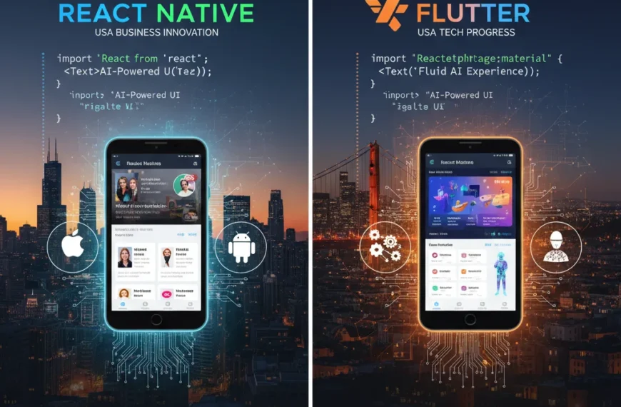 Illustration comparing React Native and Flutter mobile app development platforms, set against futuristic cityscapes with digital circuit overlays, highlighting innovation and tech progress.
