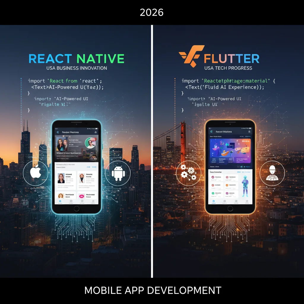 Illustration comparing React Native and Flutter mobile app development platforms, set against futuristic cityscapes with digital circuit overlays, highlighting innovation and tech progress.