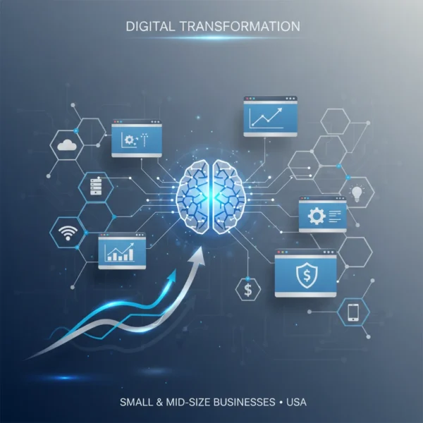 Illustration depicting digital transformation for businesses, featuring a central glowing brain connected to various technology and business icons, symbolizing growth and innovation.