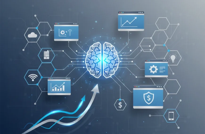 Illustration depicting digital transformation for businesses, featuring a central glowing brain connected to various technology and business icons, symbolizing growth and innovation.