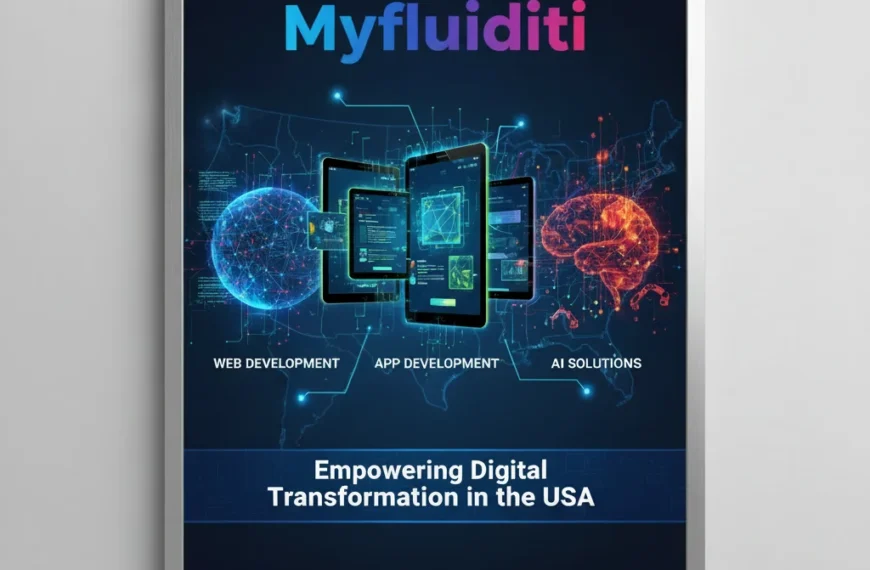 A sleek and modern poster design for Myfluiditi, showcasing interconnected digital networks, app interfaces, and AI systems, emphasizing digital transformation in the USA