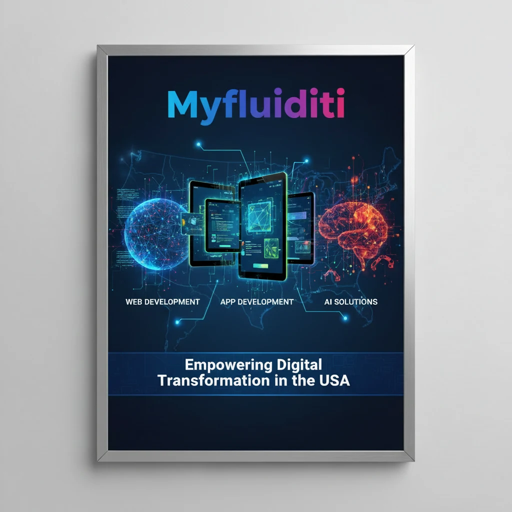A sleek and modern poster design for Myfluiditi, showcasing interconnected digital networks, app interfaces, and AI systems, emphasizing digital transformation in the USA