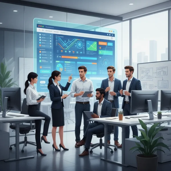 A business team collaborating on custom web application development in a modern office setting with a digital interface on a large screen.